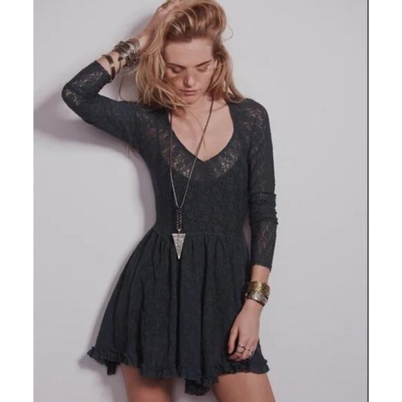 Free People Intimately Dress Medium Lace Black Whimsigoth Sheer Witchy Skater - Picture 1 of 16